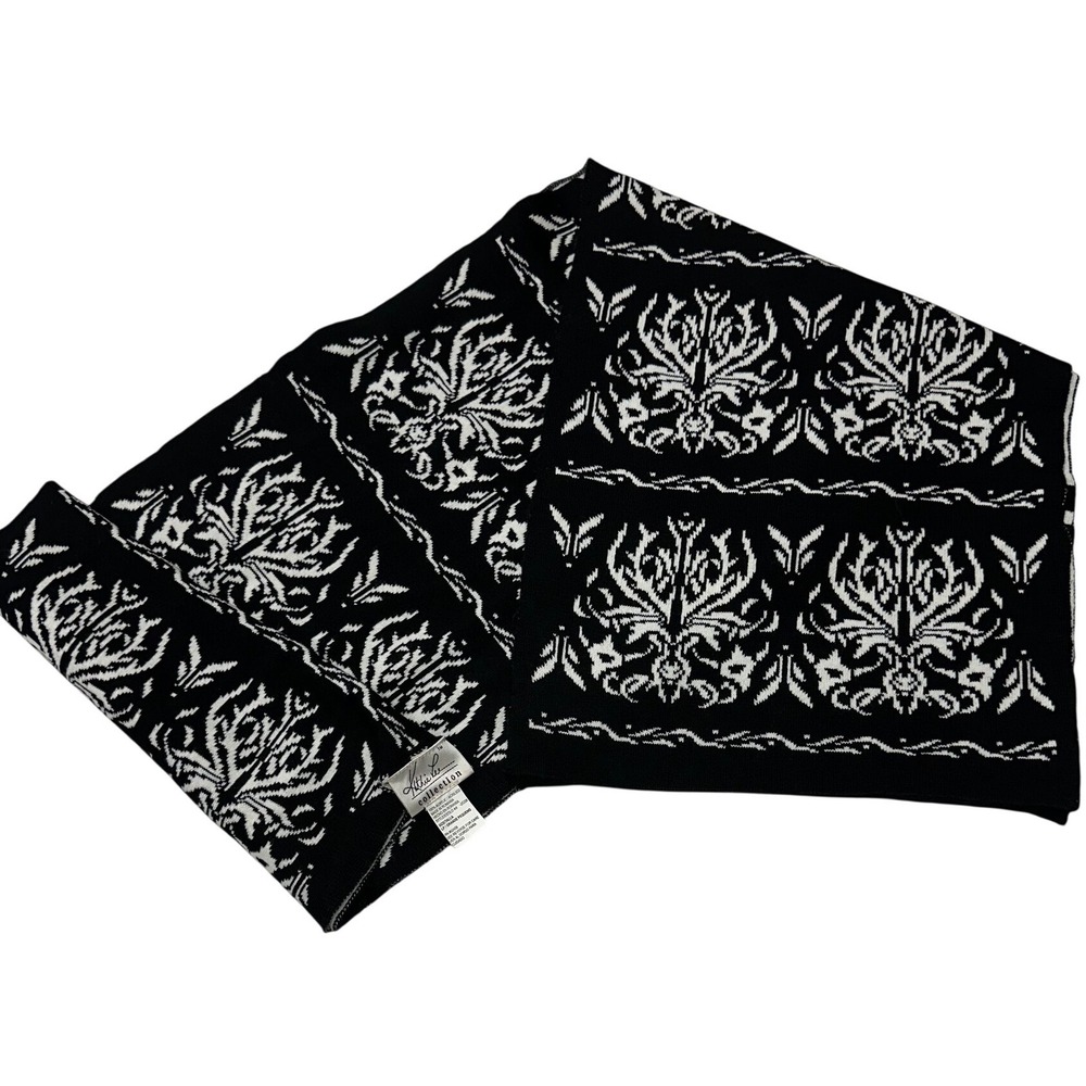 VTG Kathie Lee Collection Scarf Black White Damask Knit Acrylic Winter Womens